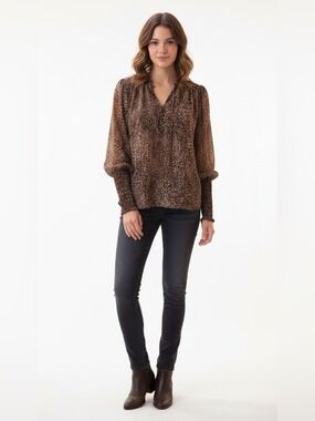 1.State Smocked Cuff Animal Print Top Medium
